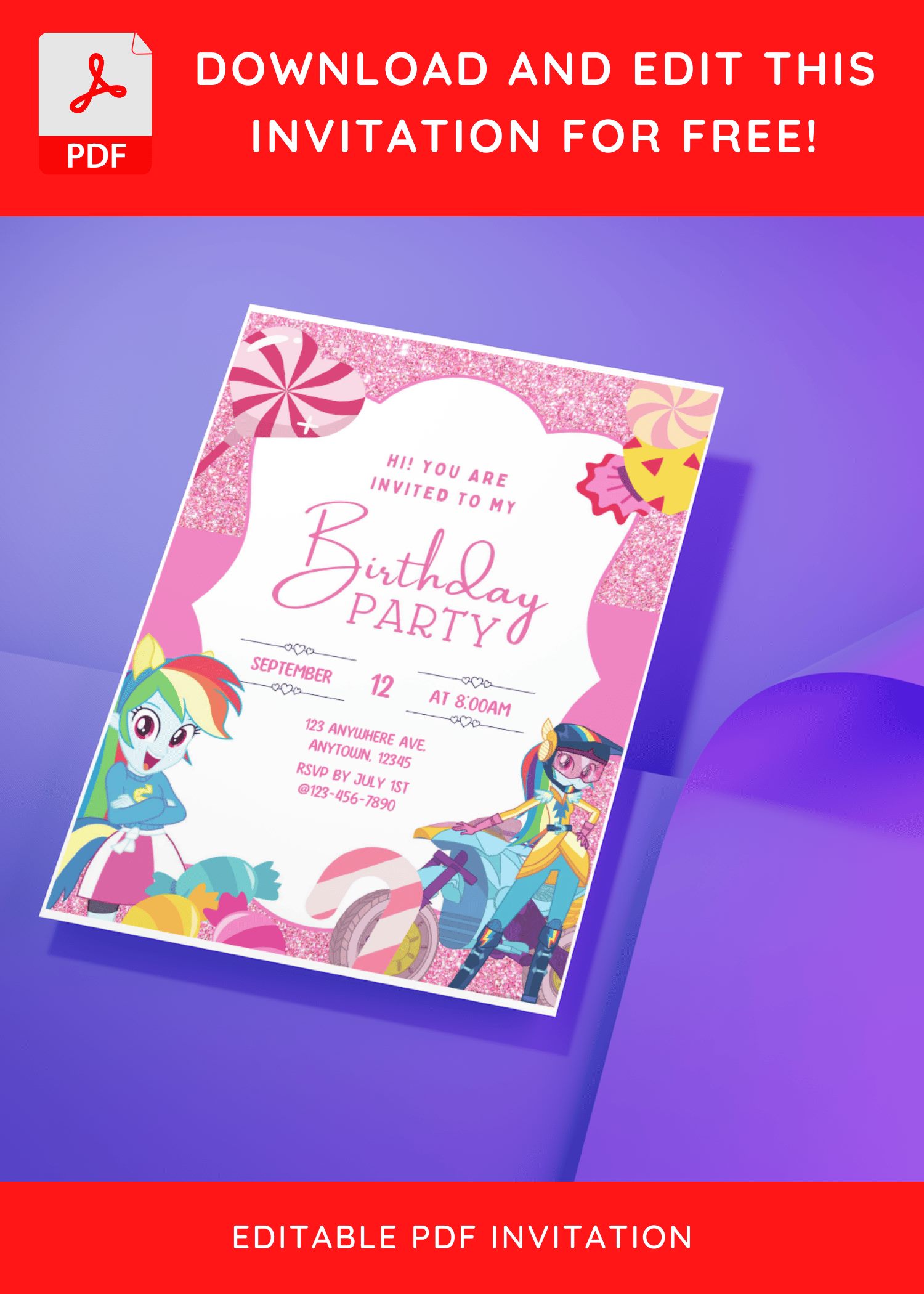 (Free Editable PDF) Pink Glitter My Little Pony Baby Shower Invitation Templates c