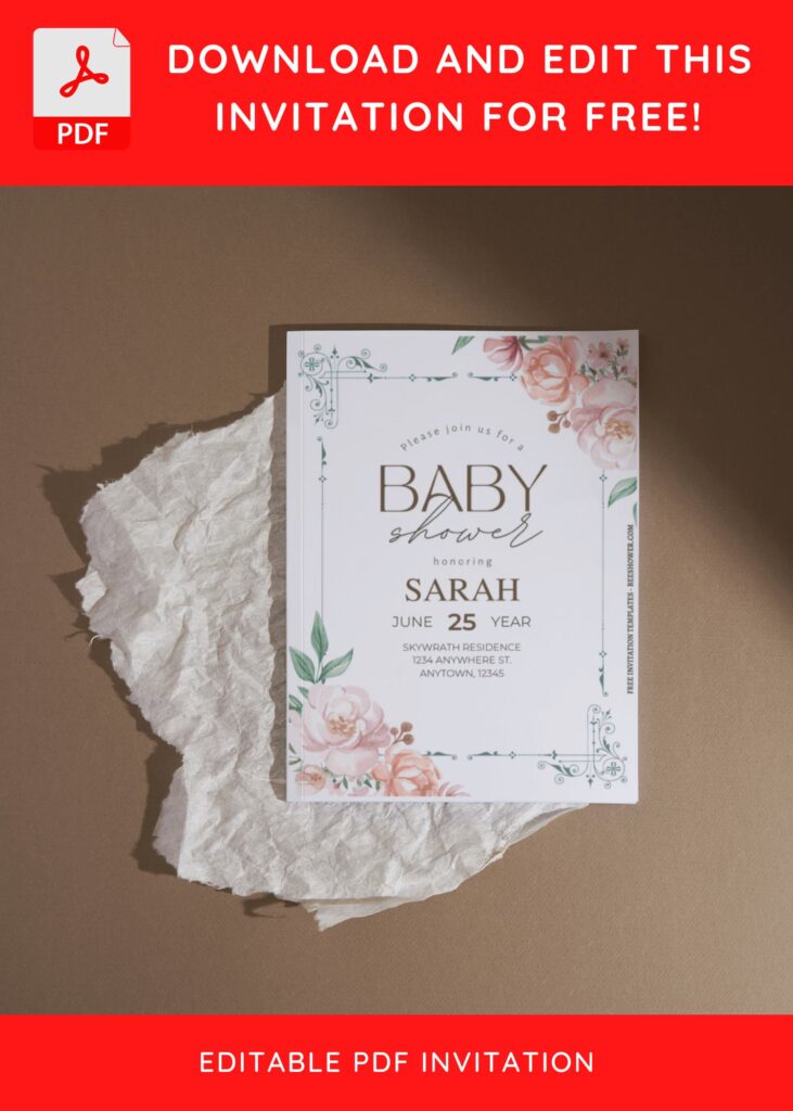 (Free Editable PDF) Vintage Floral Frame Baby Shower Invitation Templates I