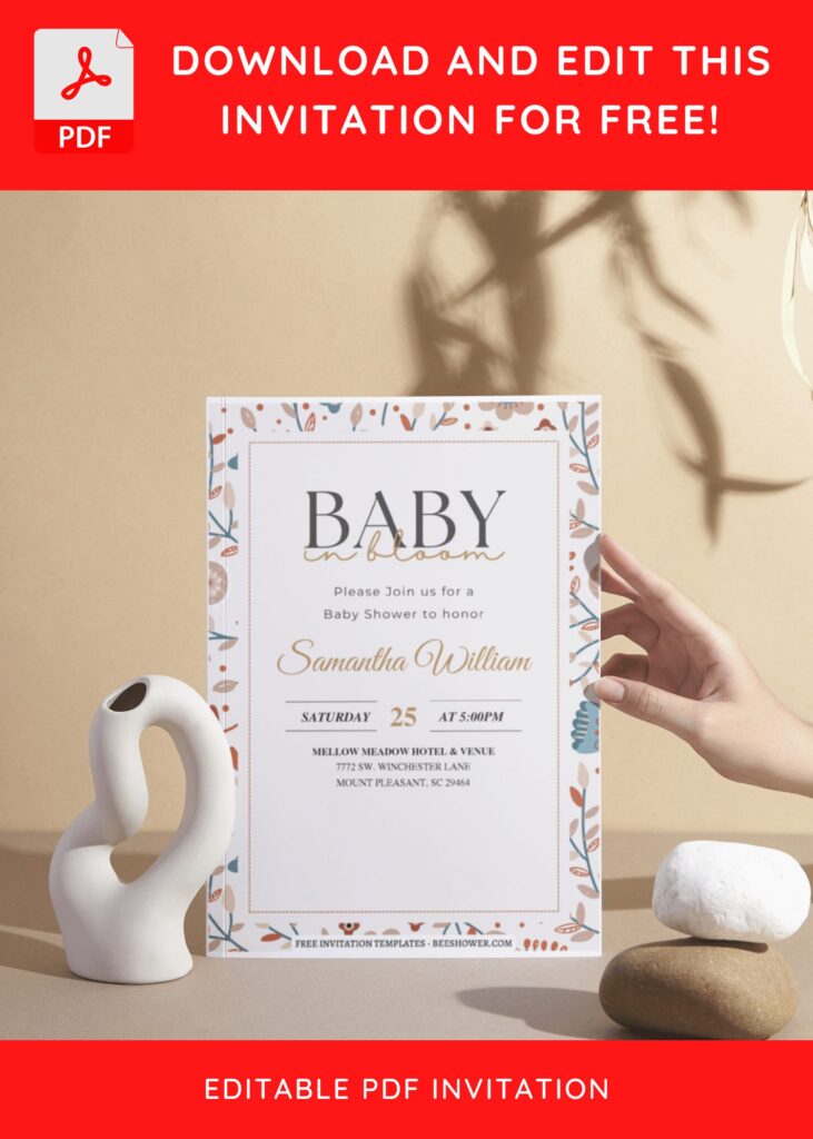 (Free Editable PDF) Modern Minimal Floral Baby Shower Invitation Templates II