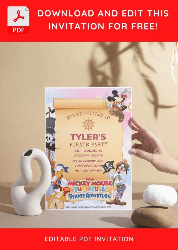 (Free Editable PDF) Mickey Mouse Pirate Baby Shower Invitation Templates I