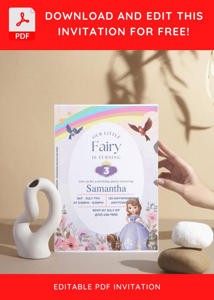 (Free Editable PDF) Rainbow Sofia Fairy Garden Baby Shower Invitation Templates I