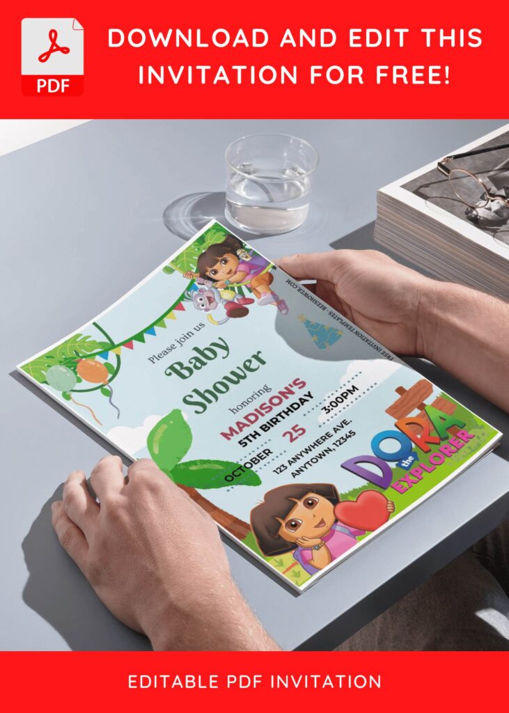 (Free Editable PDF) Ultimate Dora The Explorer Jungle Baby Shower Invitation Templates H
