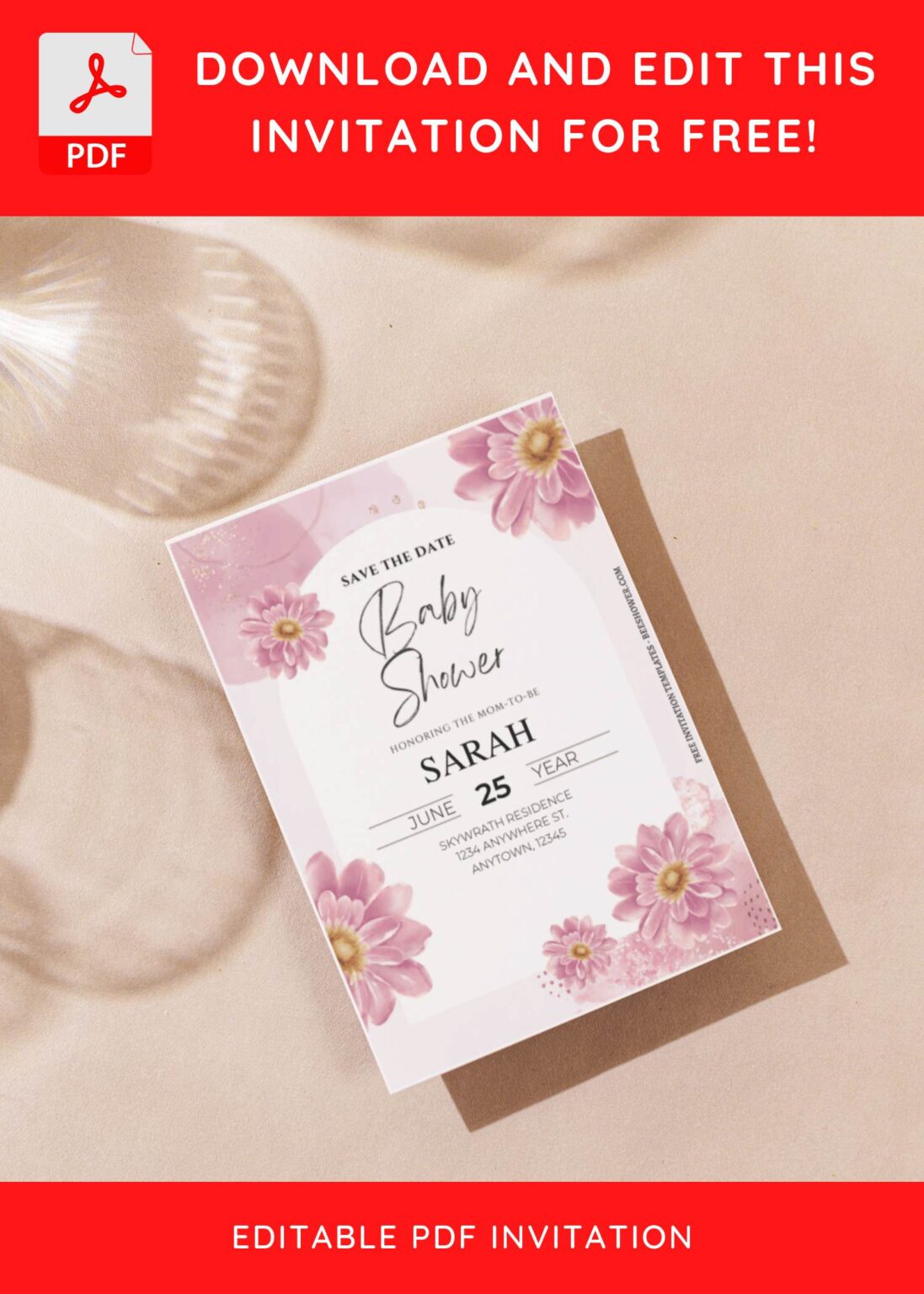 (Free Editable PDF) Rustic Watercolor Sakura Baby Shower Invitation ...