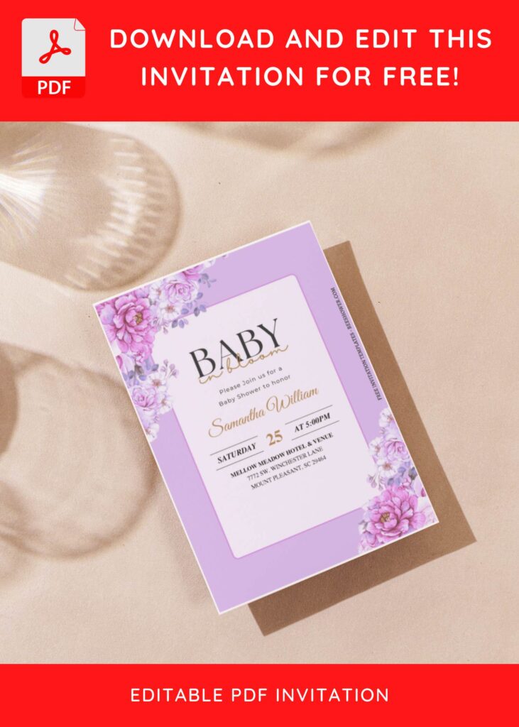 (Free Editable PDF) Wonderful Lush Purple Baby Shower Invitation Templates with aesthetic purple lavender