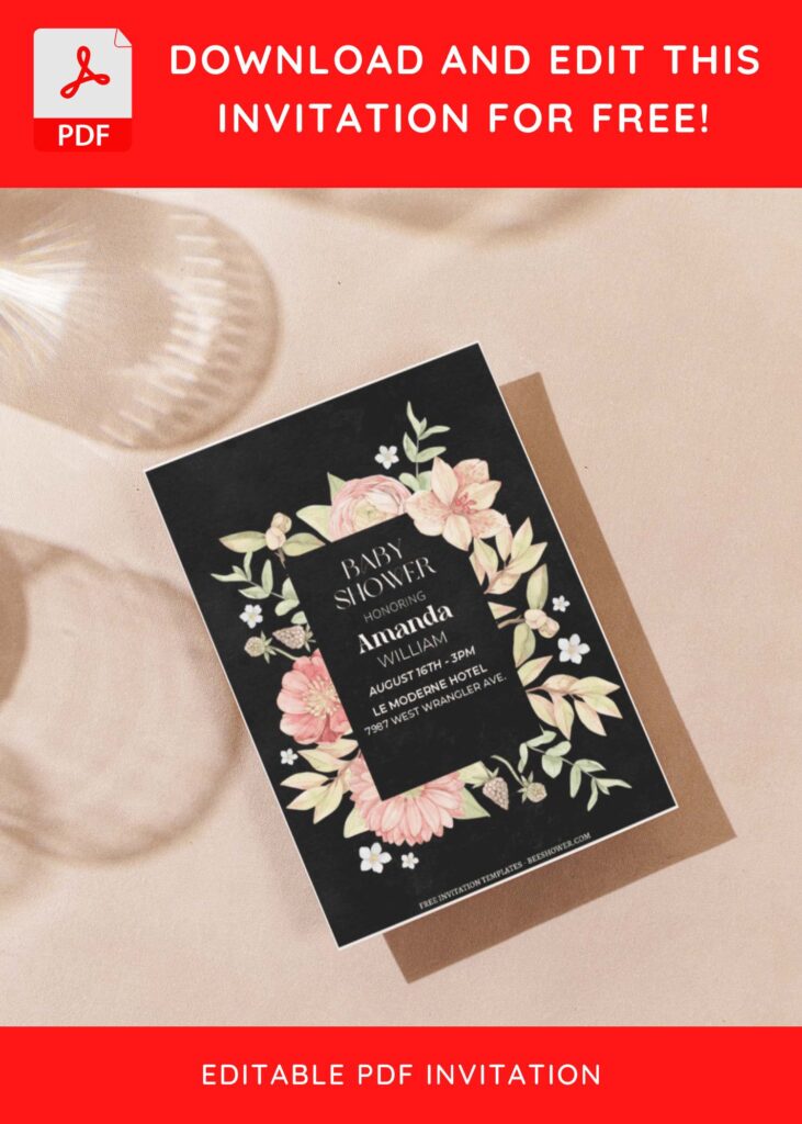 (Free Editable PDF) Moody Floral Frame Baby Shower Invitation Templates with floral frame