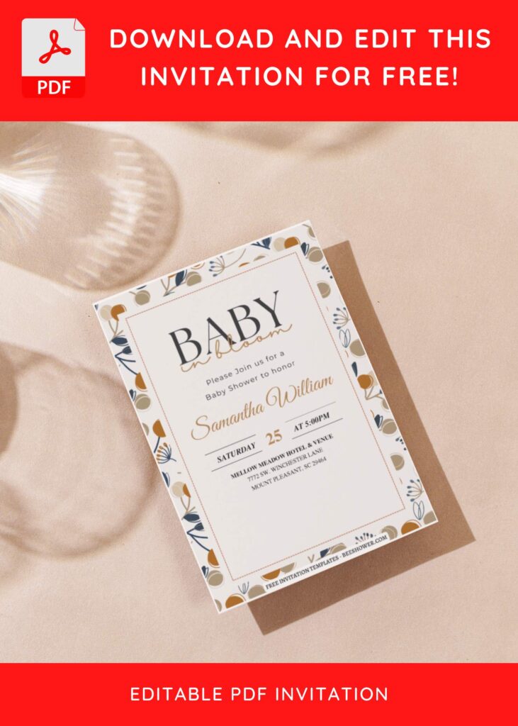 (Free Editable PDF) Modern Minimal Floral Baby Shower Invitation Templates G