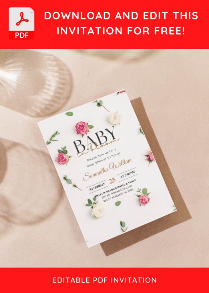 (Free Editable PDF) Romantic Lustrous Floral Baby Shower Invitation Templates G