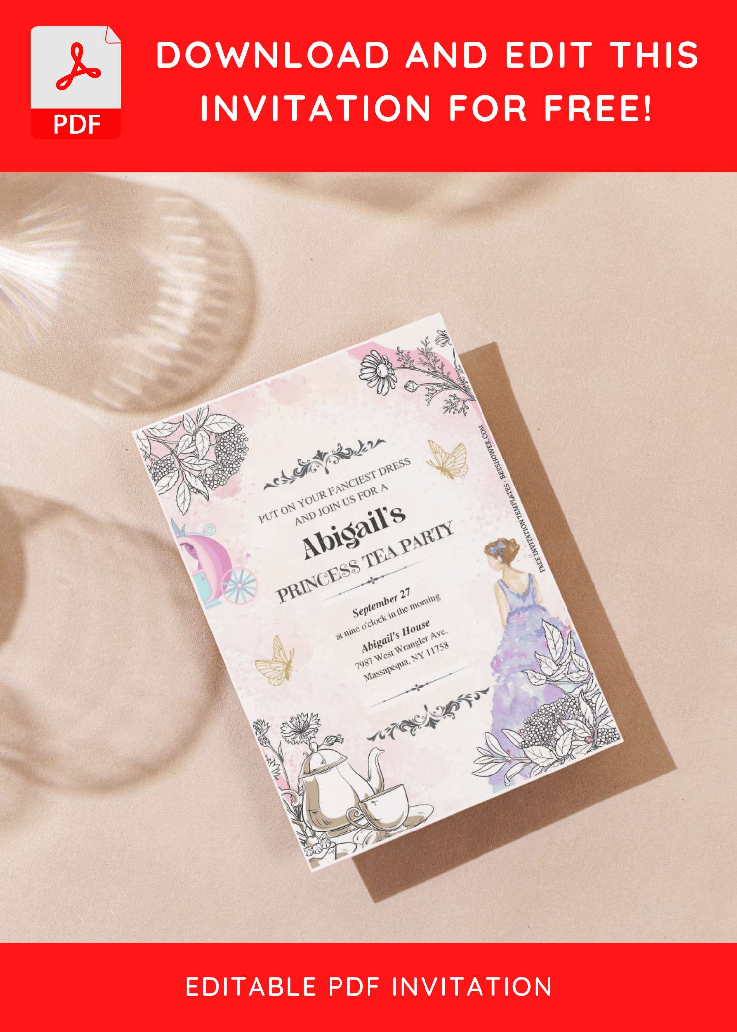 (Free Editable PDF) Vintage Princess Tea Party Baby Shower Invitation Templates F