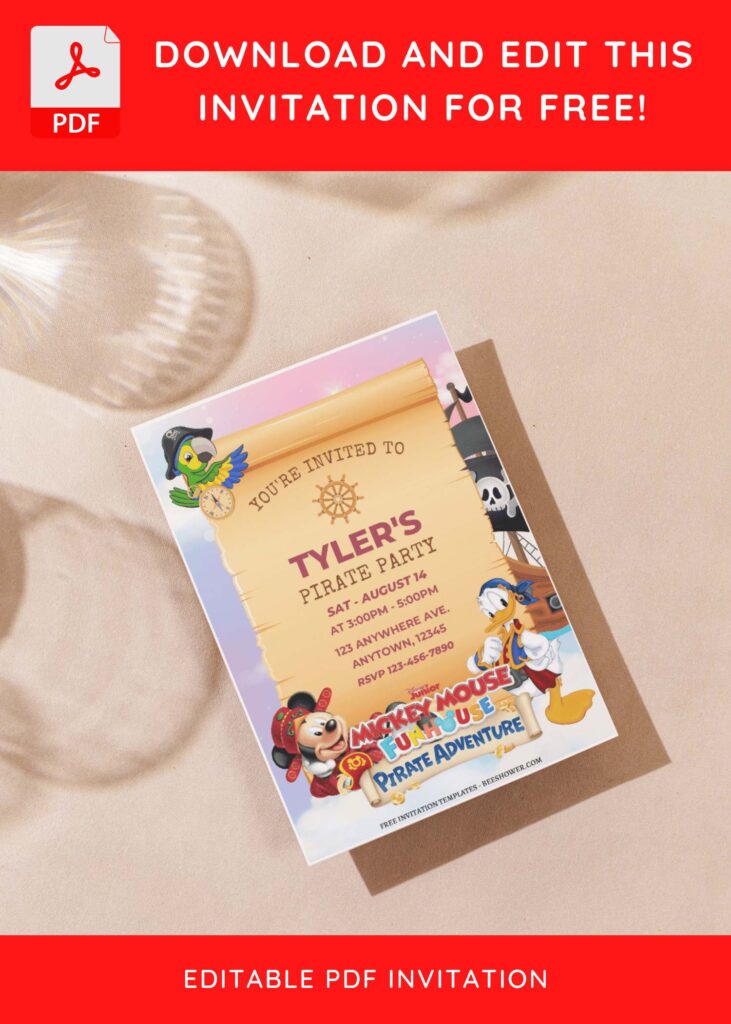 (Free Editable PDF) Mickey Mouse Pirate Baby Shower Invitation Templates G