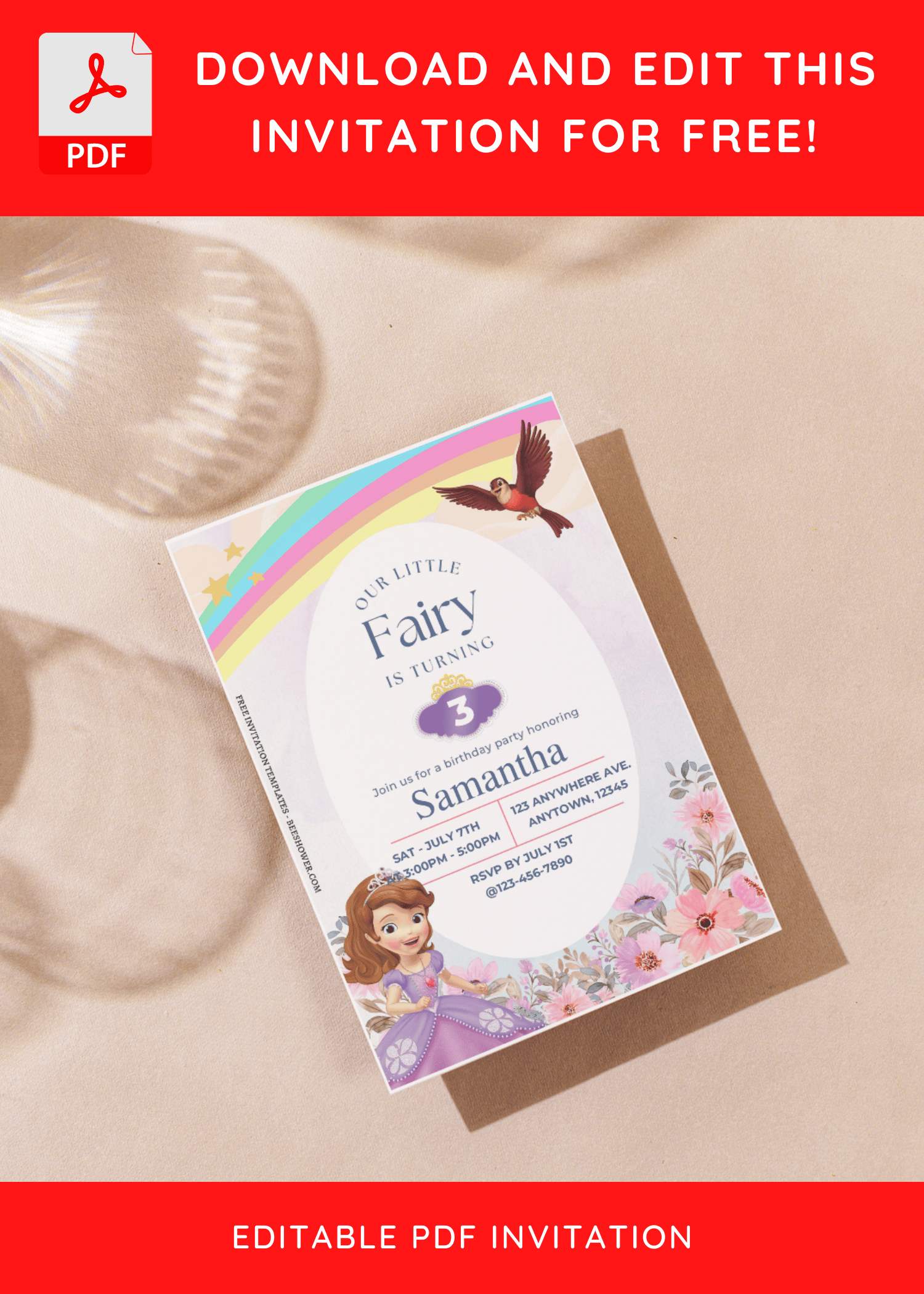 (Free Editable PDF) Rainbow Sofia Fairy Garden Baby Shower Invitation Templates C