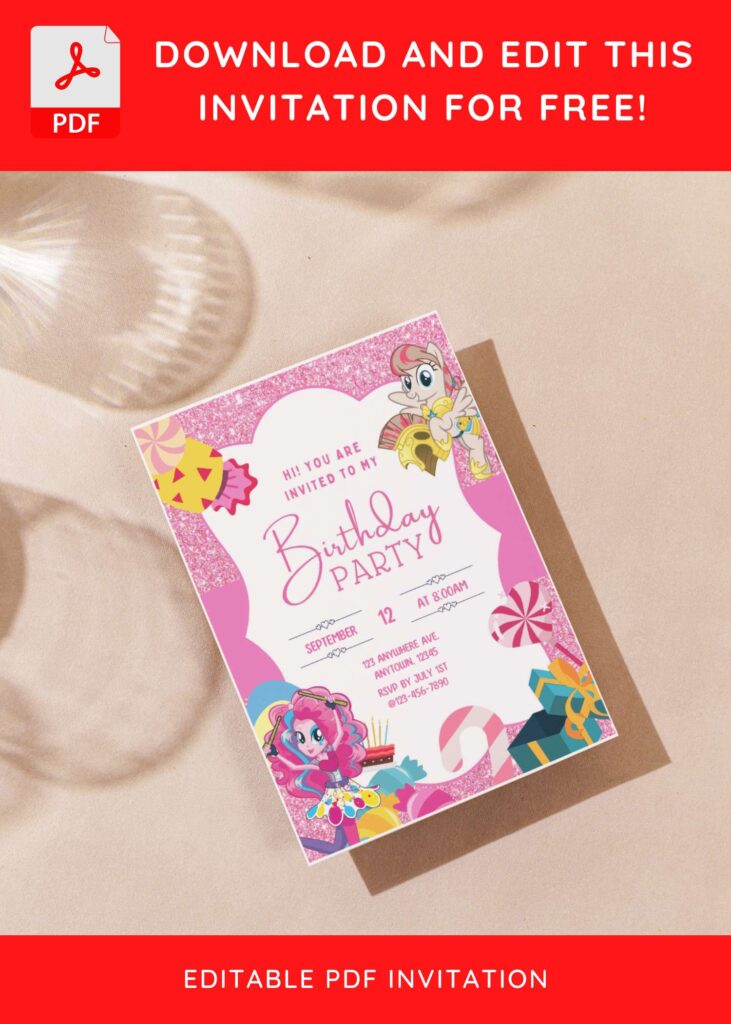 (Free Editable PDF) Pink Glitter My Little Pony Baby Shower Invitation Templates g