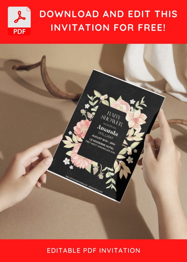 (Free Editable PDF) Moody Floral Frame Baby Shower Invitation Templates F