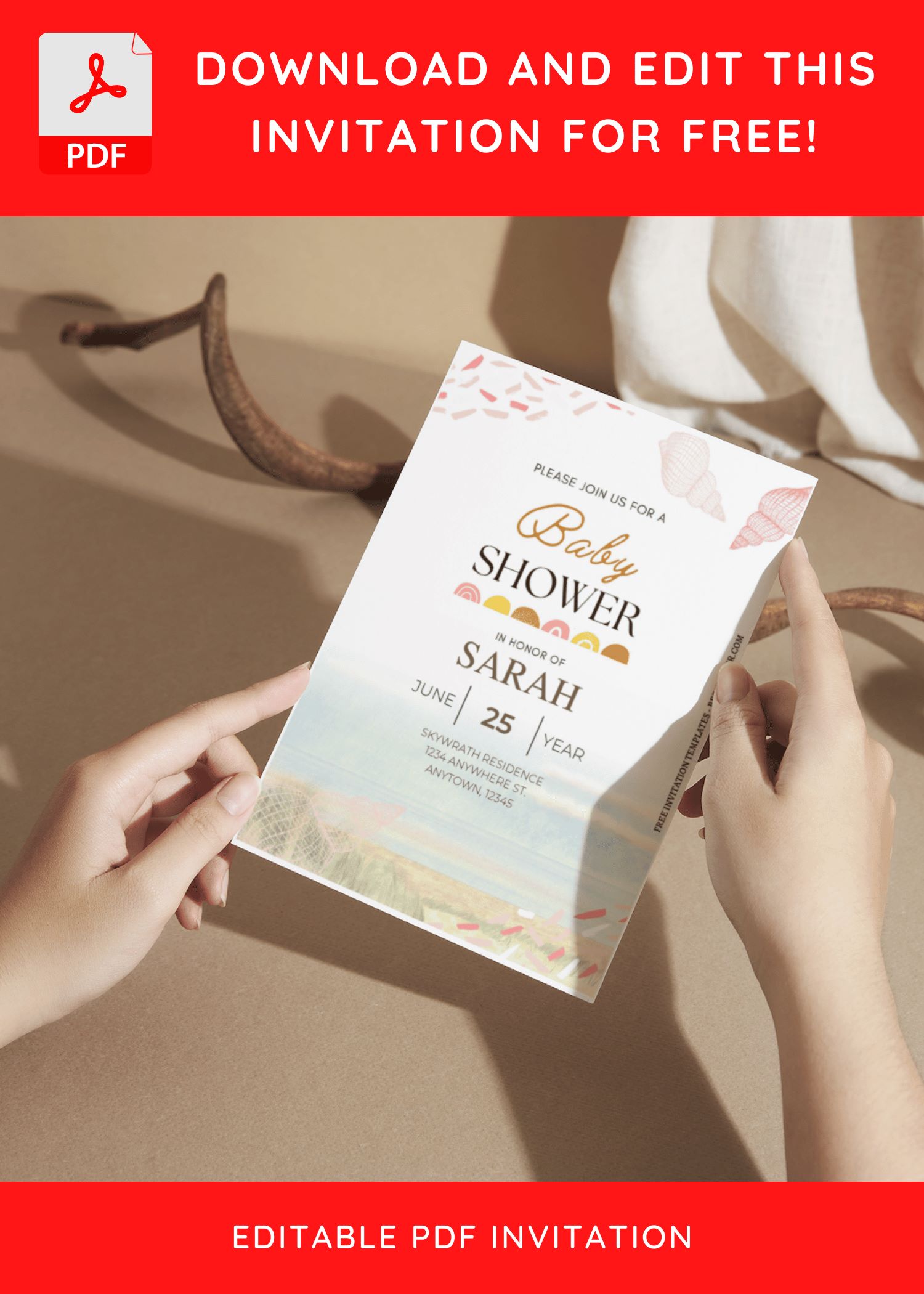 (Free Editable PDF) Beautiful Watercolor Seaside Baby Shower Invitation Templates C
