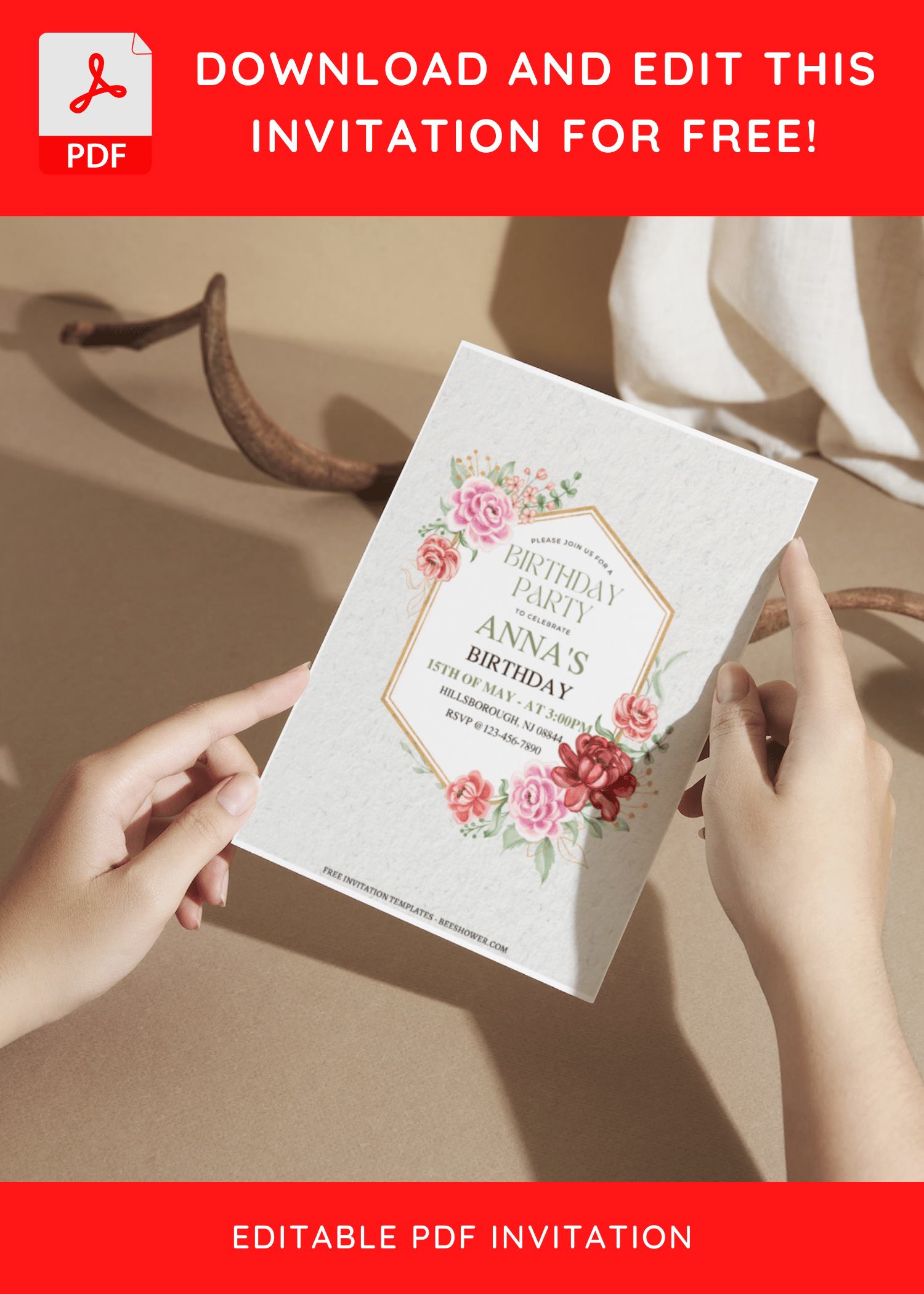 (Free Editable PDF) Rustic Elegant Floral Frame Baby Shower Invitation Templates C