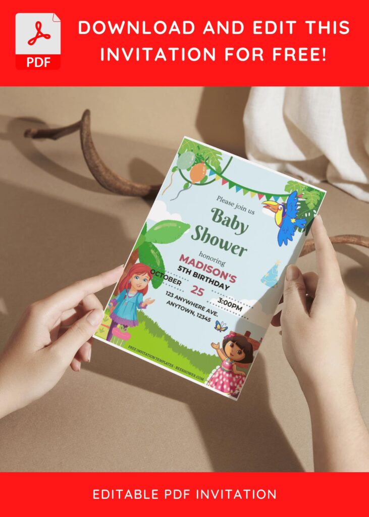 (Free Editable PDF) Ultimate Dora The Explorer Jungle Baby Shower Invitation Templates F