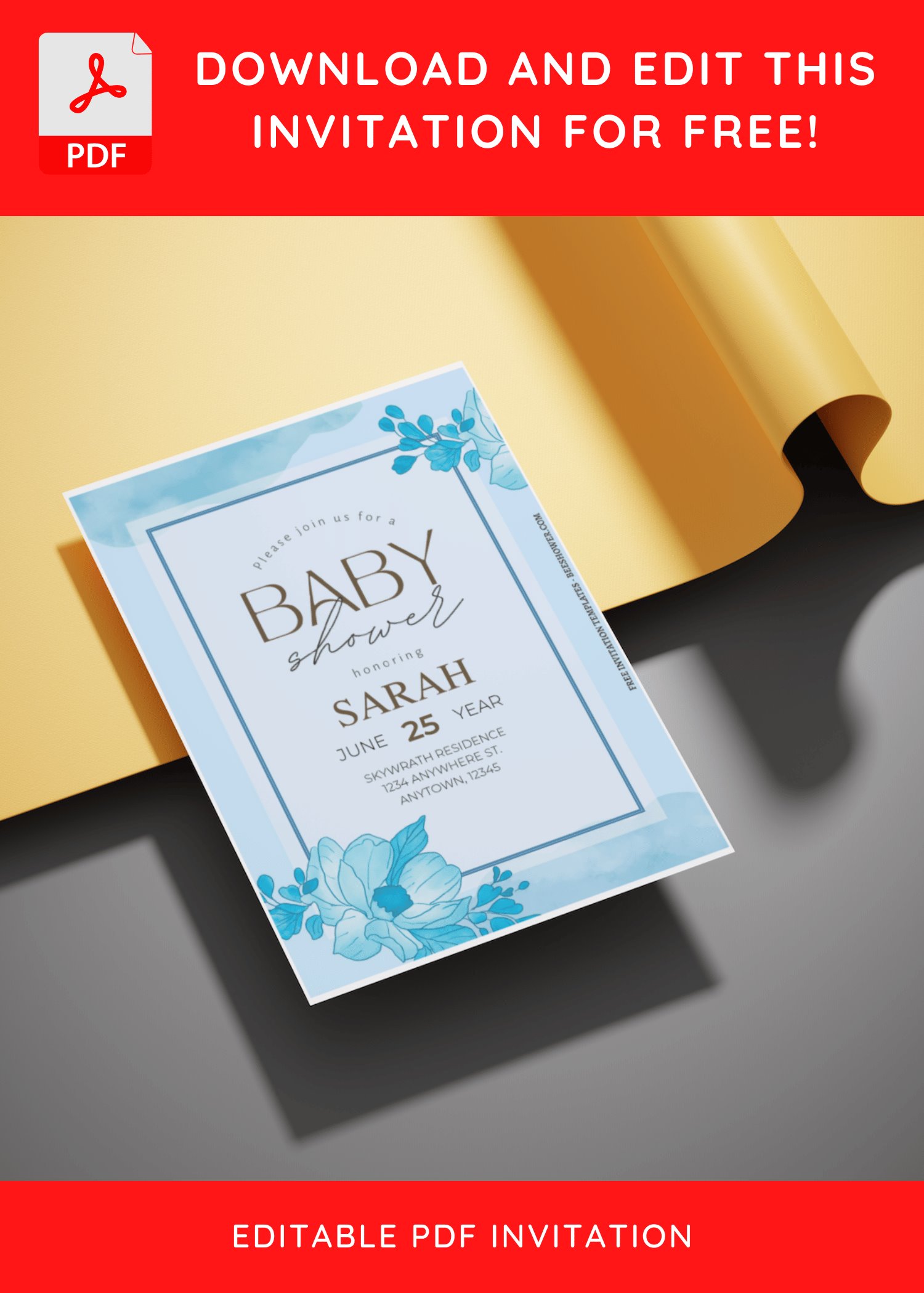 (Free Editable PDF) Calming Blue Floral Baby Shower Invitation Templates C