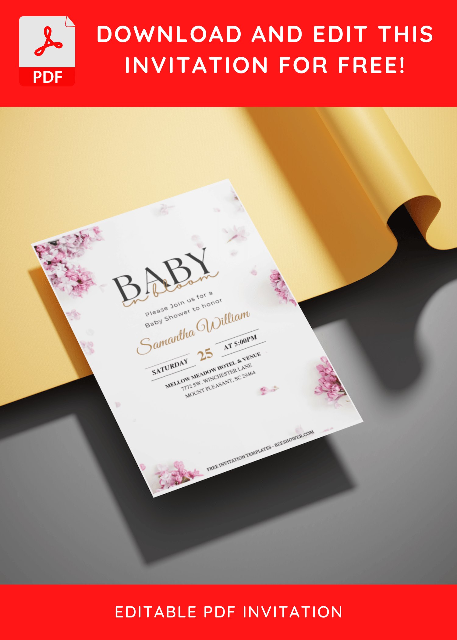 (Free Editable PDF) Romantic Lustrous Floral Baby Shower Invitation Templates C