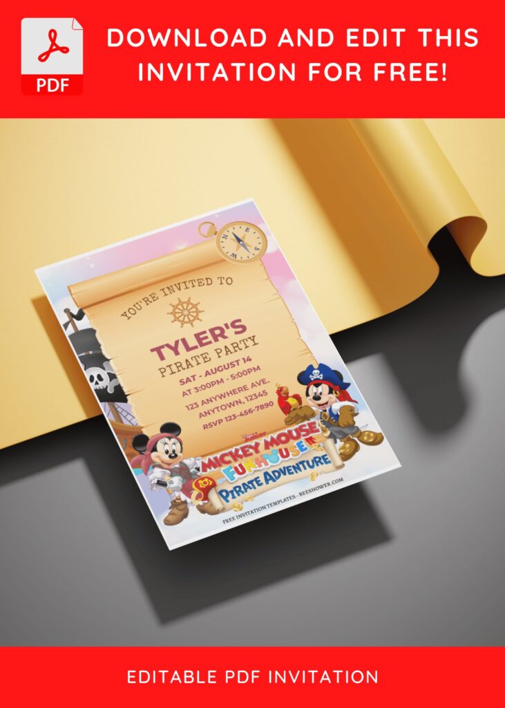 (Free Editable PDF) Mickey Mouse Pirate Baby Shower Invitation Templates E