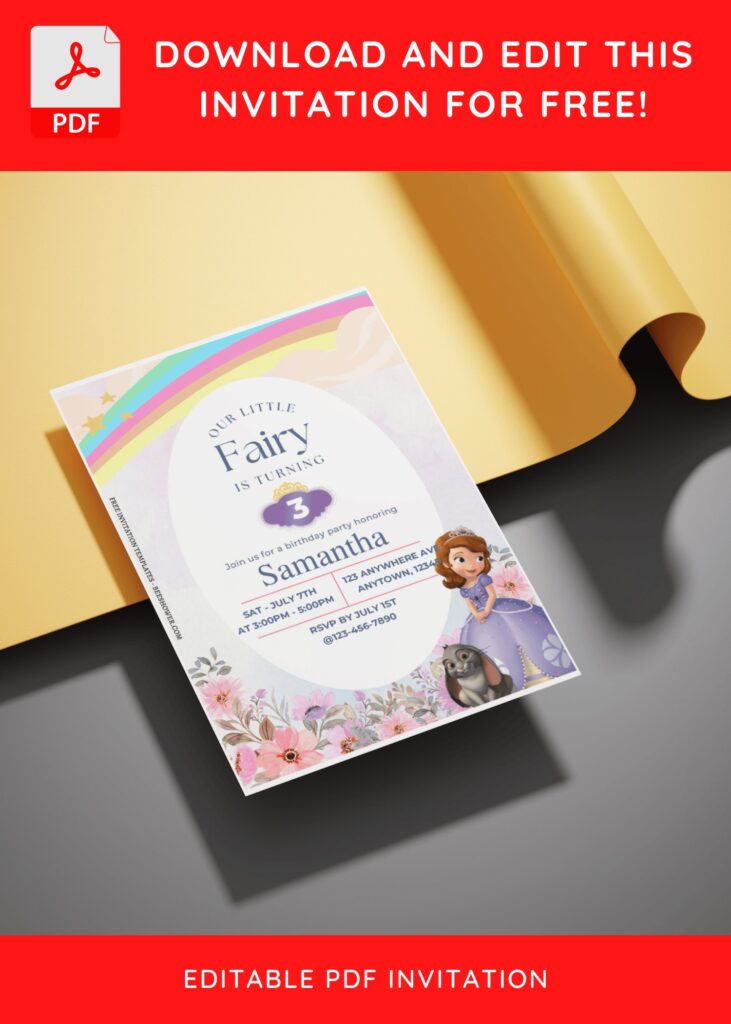 (Free Editable PDF) Rainbow Sofia Fairy Garden Baby Shower Invitation Templates E