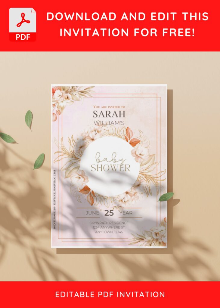 (Free Editable PDF) Beige Spring Gold Baby Shower Invitation Templates D