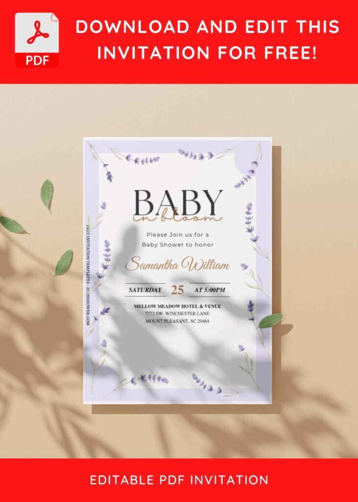 (Free Editable PDF) Delightful Purple Lavender Baby Shower Invitation Templates with editable text