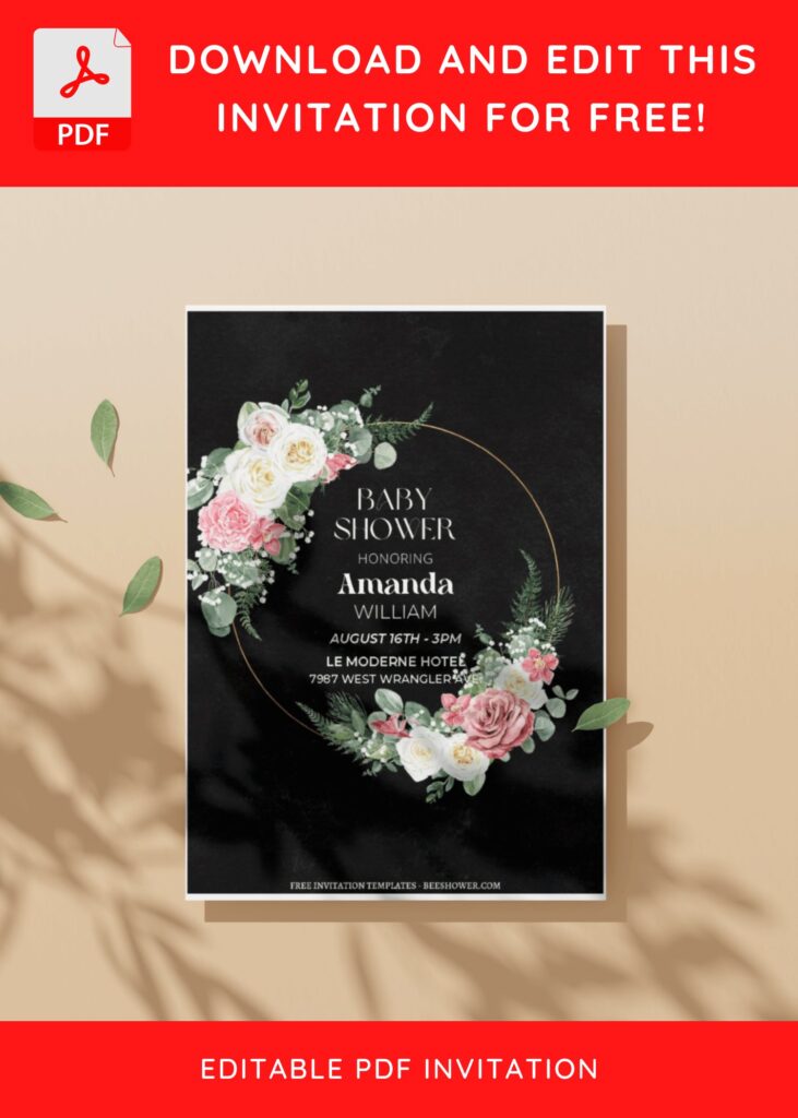 (Free Editable PDF) Moody Floral Frame Baby Shower Invitation Templates D