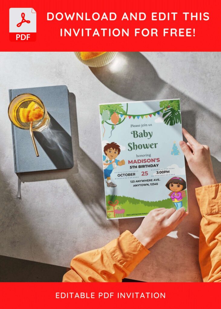 (Free Editable PDF) Ultimate Dora The Explorer Jungle Baby Shower Invitation Templates D
