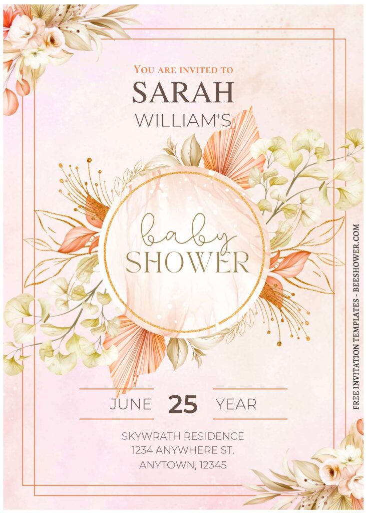 (Free Editable PDF) Beige Spring Gold Baby Shower Invitation Templates with elegant text