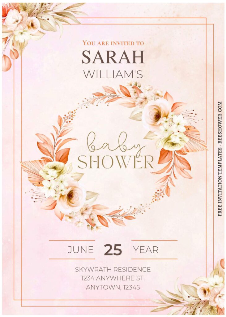 (Free Editable PDF) Beige Spring Gold Baby Shower Invitation Templates with gold floral line art