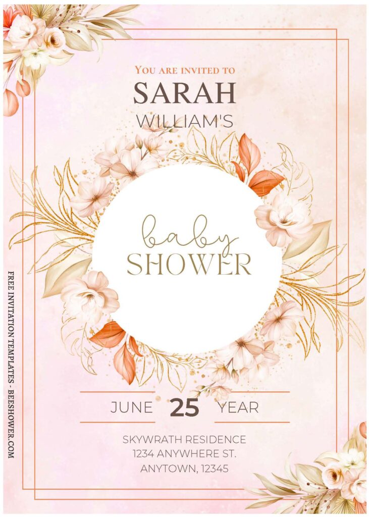 (Free Editable PDF) Beige Spring Gold Baby Shower Invitation Templates B