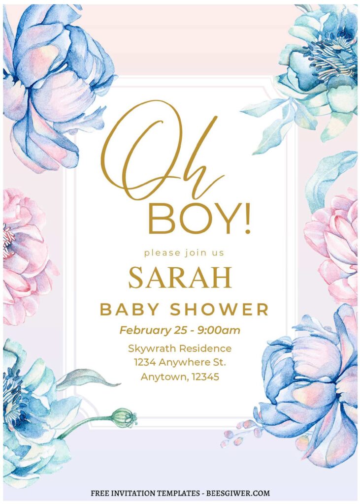 (Free Editable PDF) Joyful Blue Flower Baby Shower Invitation Templates A
