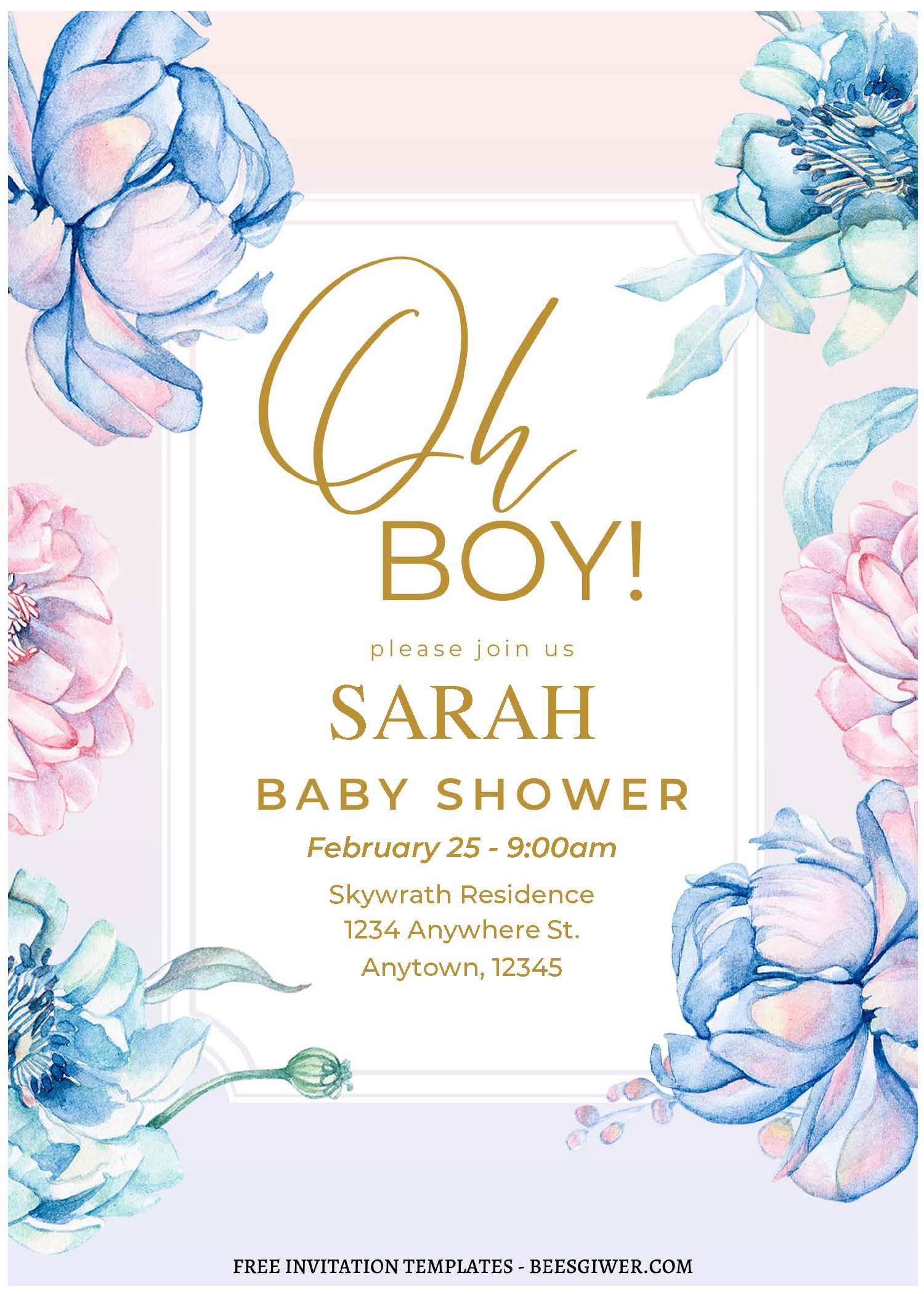 (Free Editable PDF) Joyful Blue Flower Baby Shower Invitation Templates C