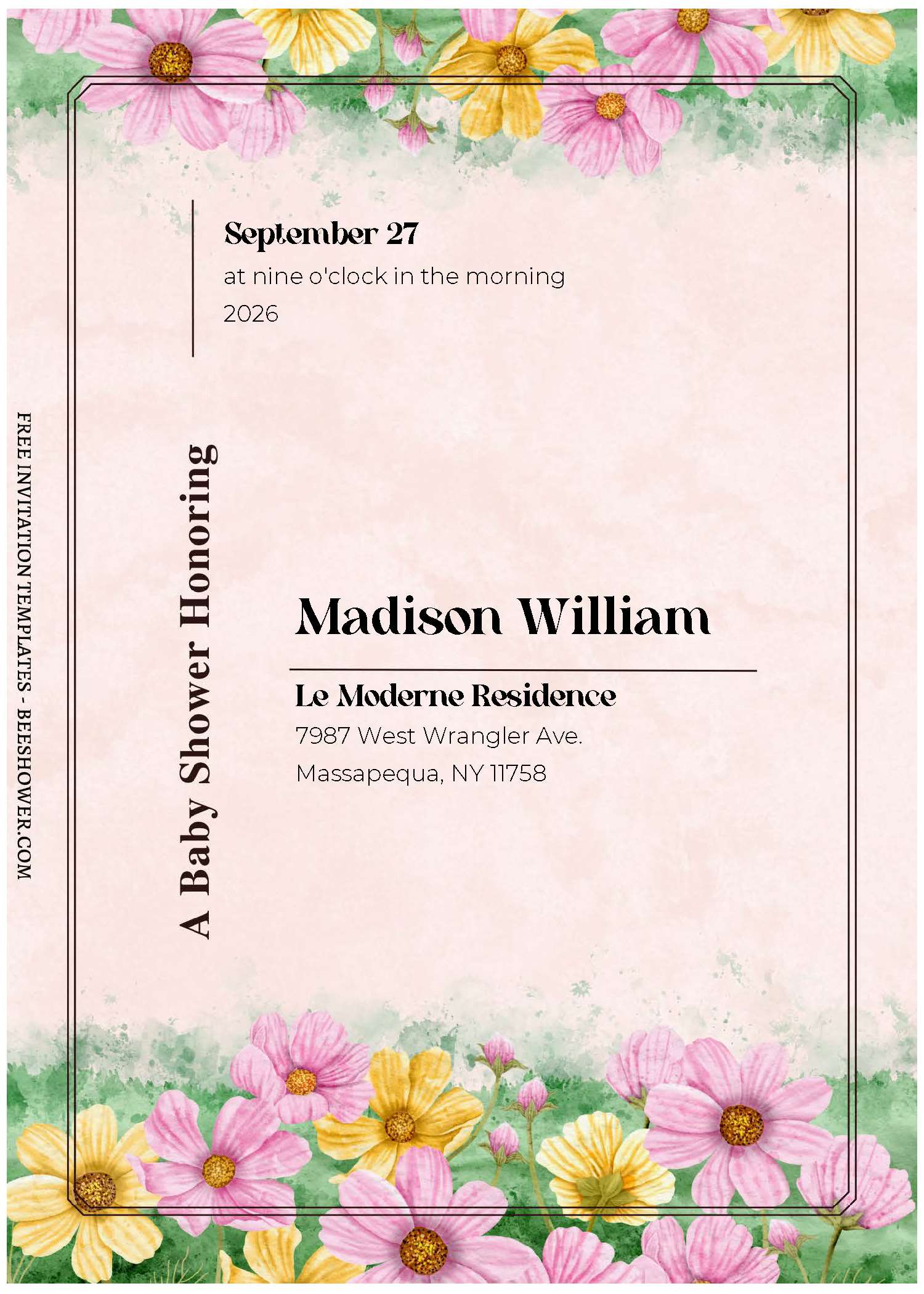 (Free Editable PDF) Blossoming Cosmos Flower Baby Shower Invitation Templates C