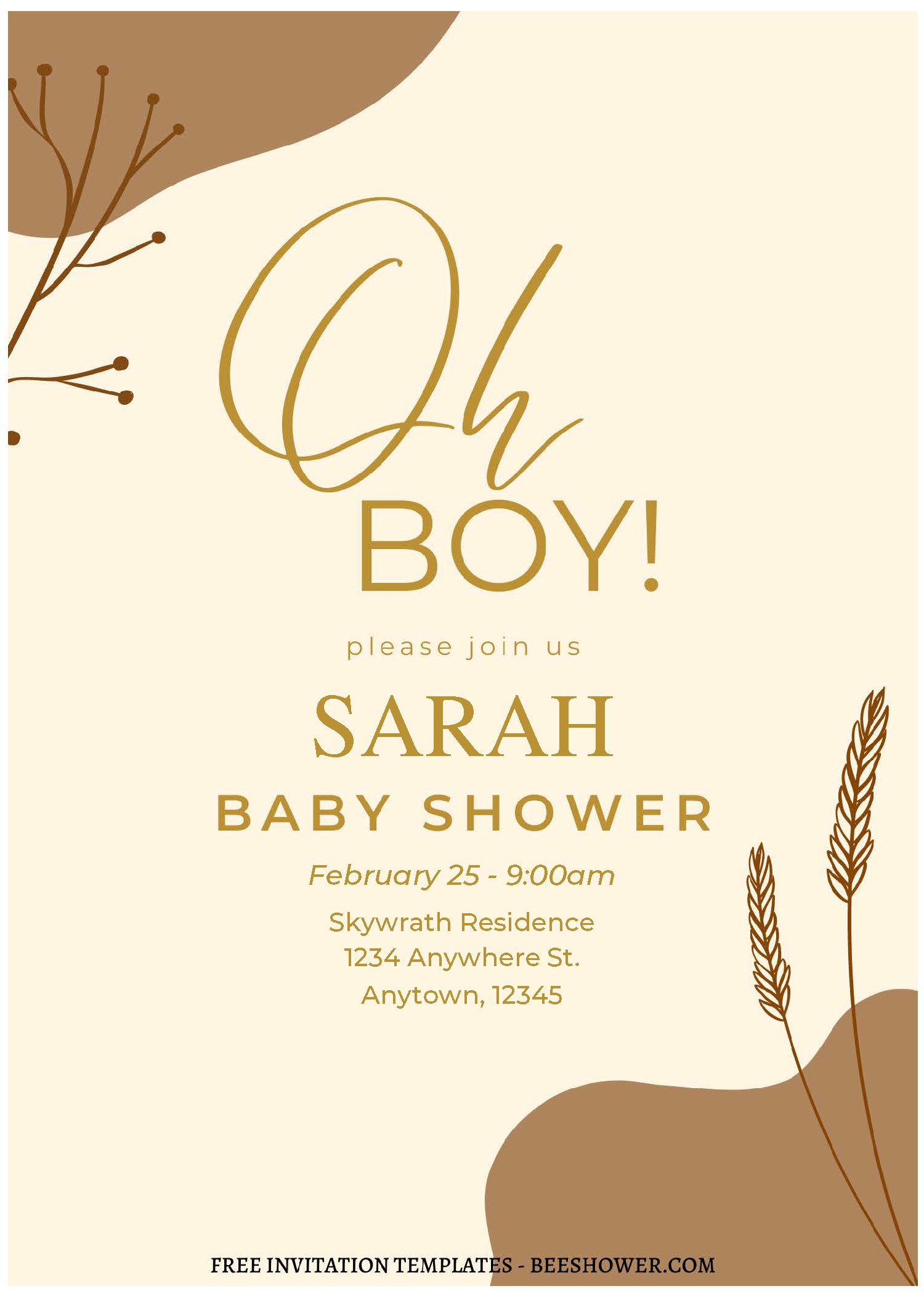 (Free Editable PDF) Cream Beige Boho Baby Shower Invitation Templates A