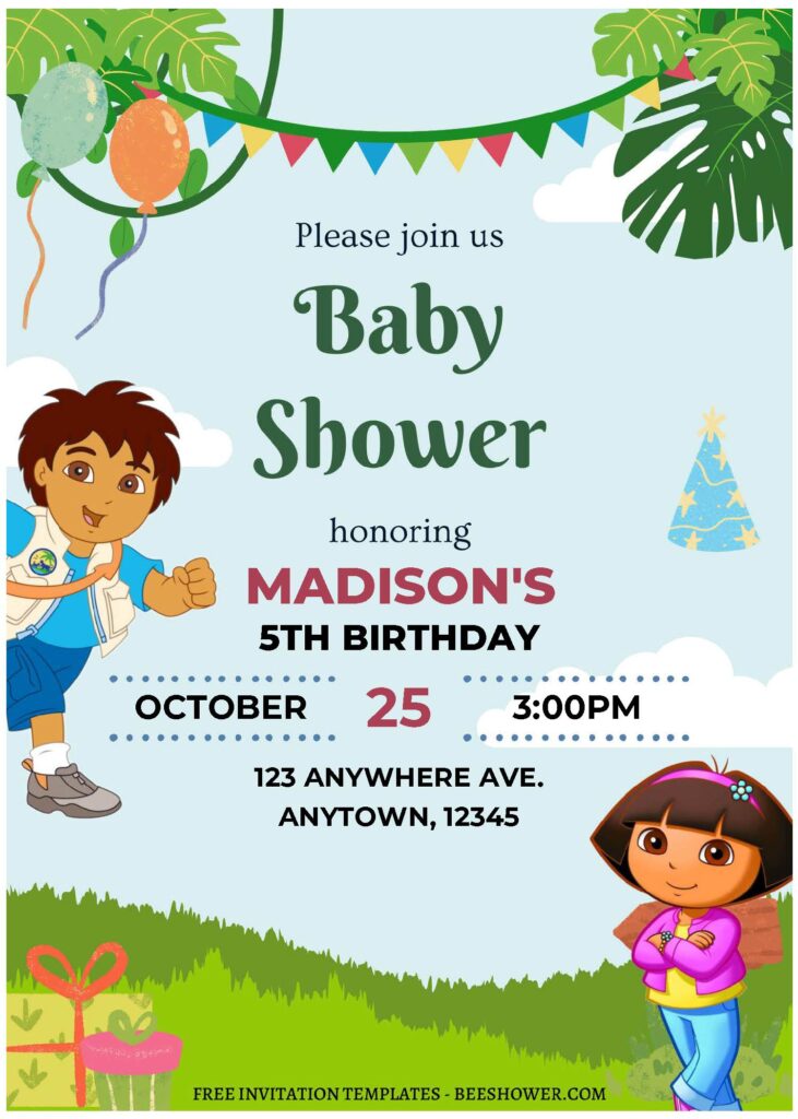 (Free Editable PDF) Ultimate Dora The Explorer Jungle Baby Shower Invitation Templates B