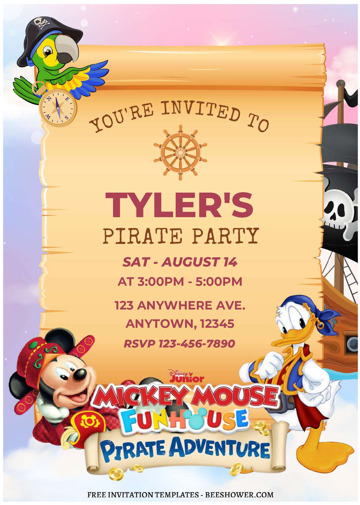 (Free Editable PDF) Mickey Mouse Pirate Baby Shower Invitation Templates C