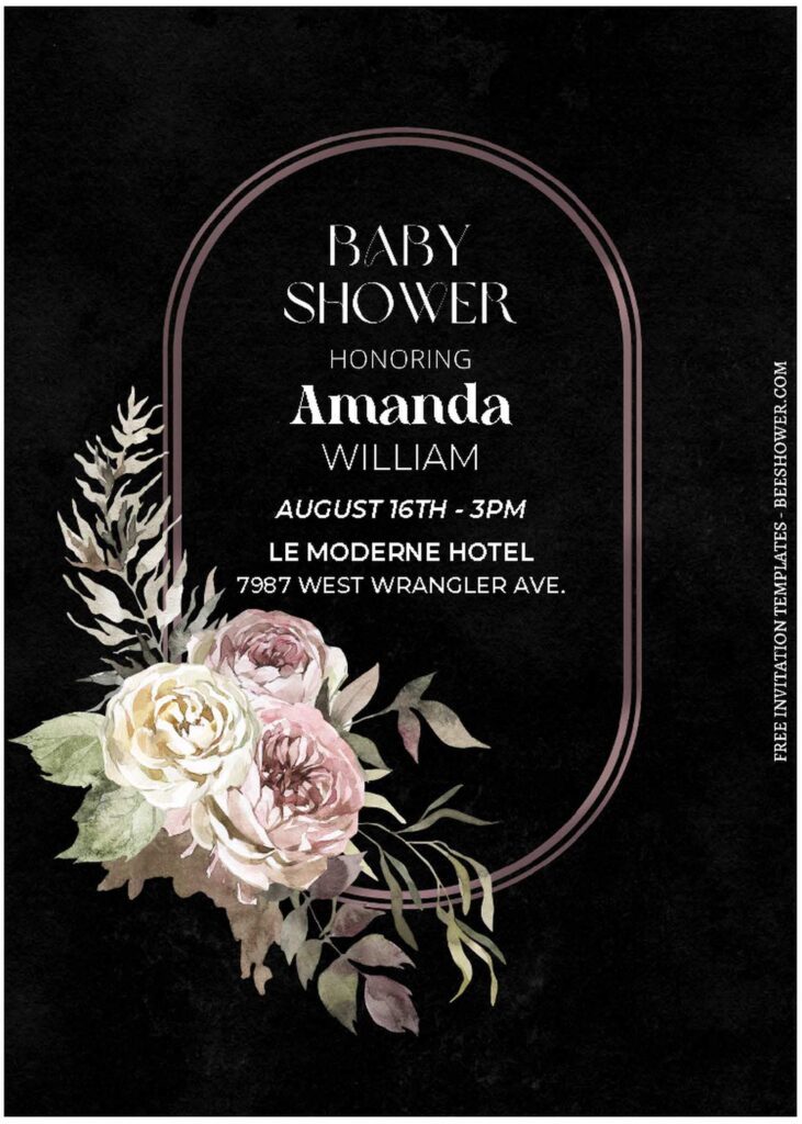(Free Editable PDF) Moody Floral Frame Baby Shower Invitation Templates with black watercolor marble background