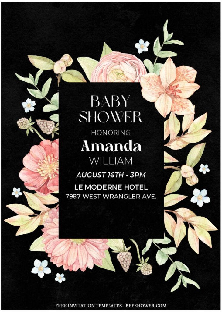 (Free Editable PDF) Moody Floral Frame Baby Shower Invitation Templates B