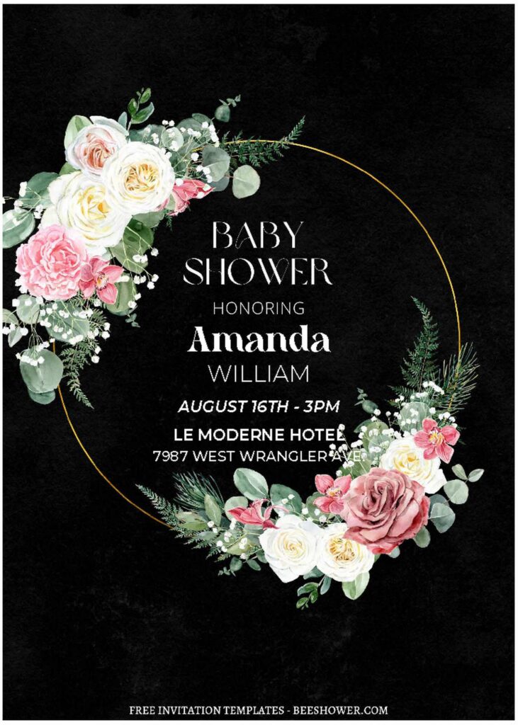 (Free Editable PDF) Moody Floral Frame Baby Shower Invitation Templates with gold frame