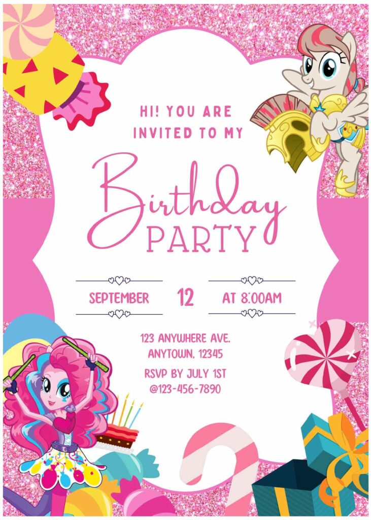 (Free Editable PDF) Pink Glitter My Little Pony Baby Shower Invitation Templates c