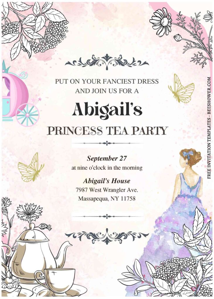 (Free Editable PDF) Vintage Princess Tea Party Baby Shower Invitation Templates B