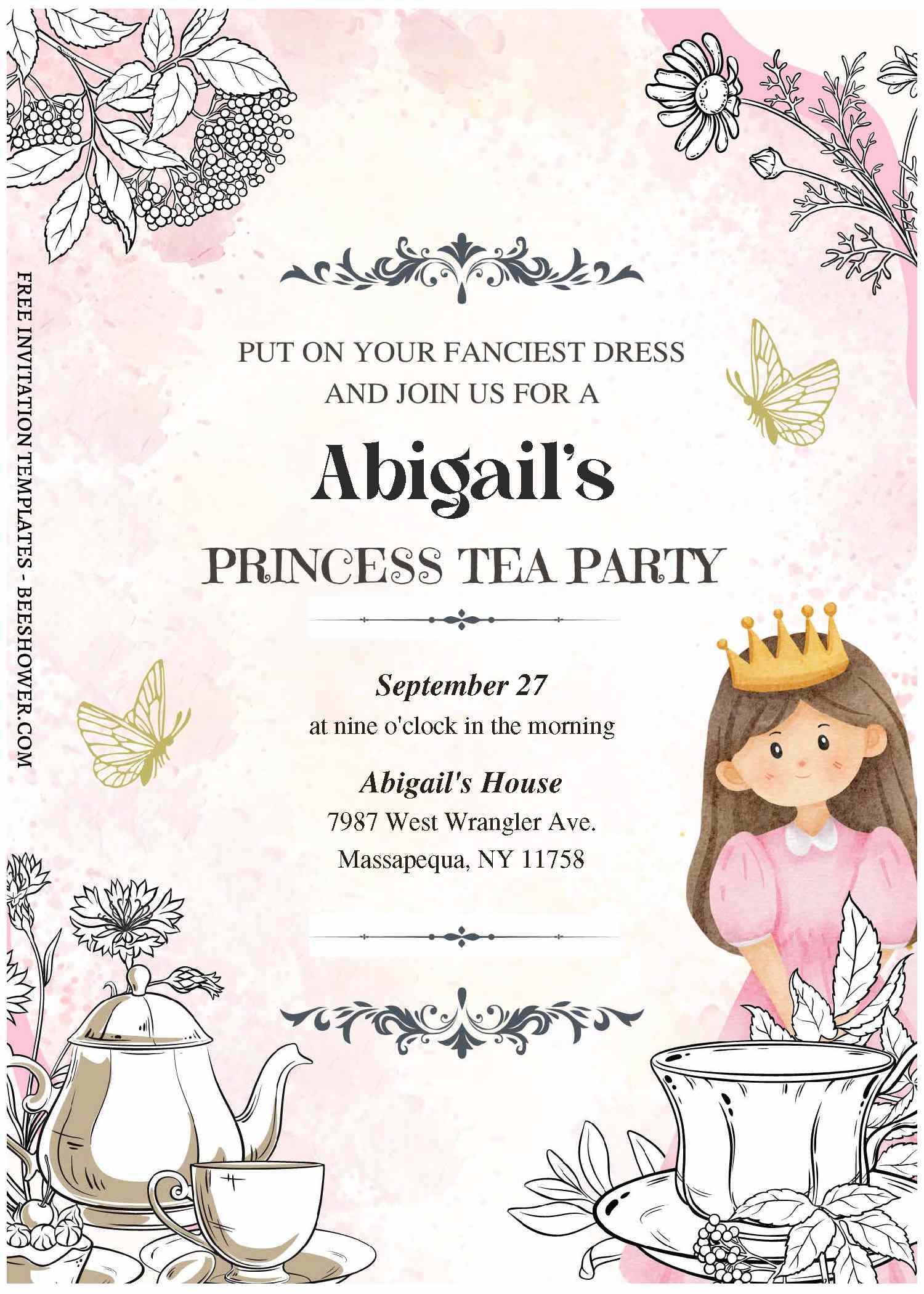 (Free Editable PDF) Vintage Princess Tea Party Baby Shower Invitation Templates F