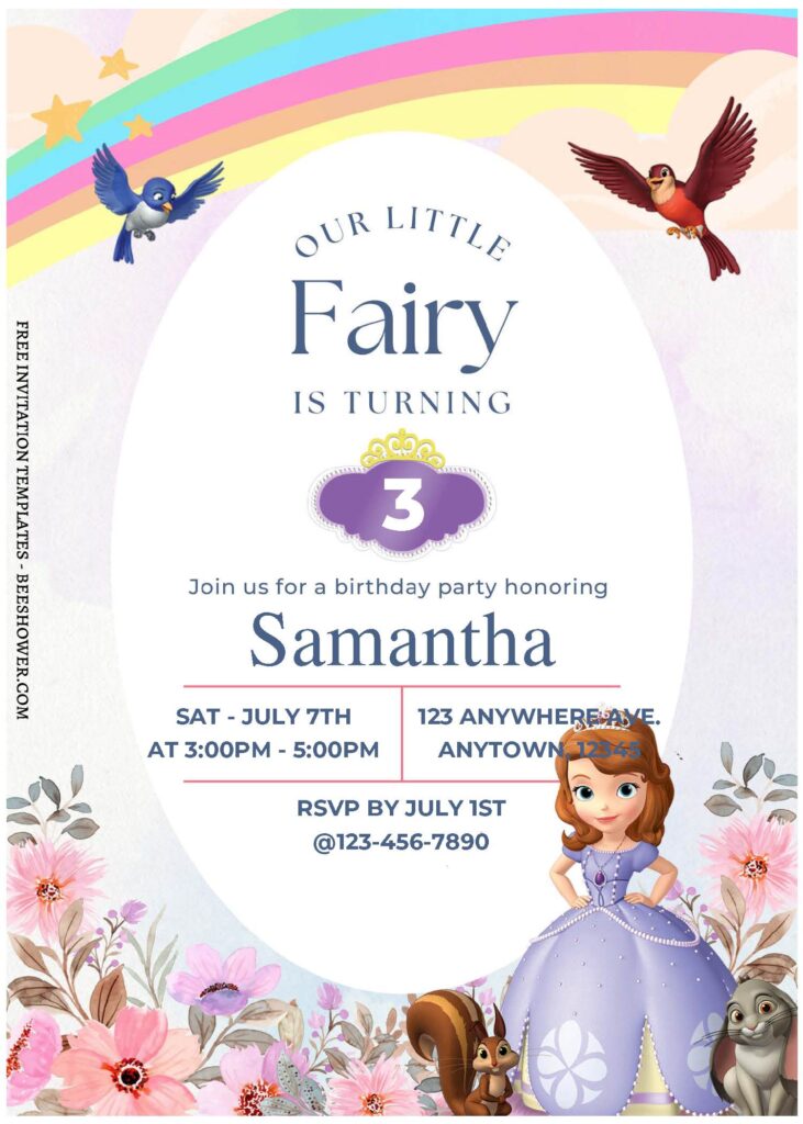 (Free Editable PDF) Rainbow Sofia Fairy Garden Baby Shower Invitation Templates A