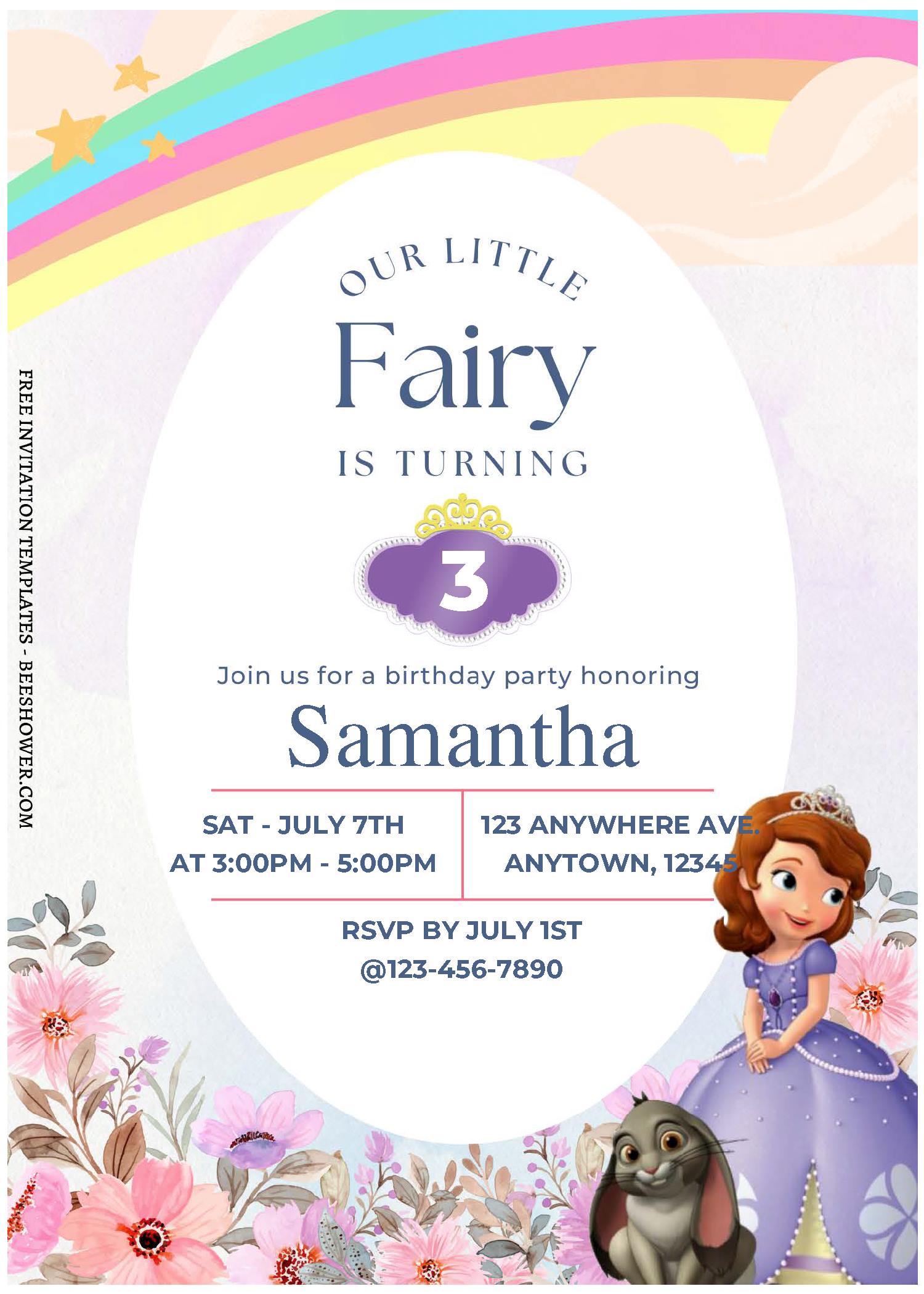 (Free Editable PDF) Rainbow Sofia Fairy Garden Baby Shower Invitation Templates C