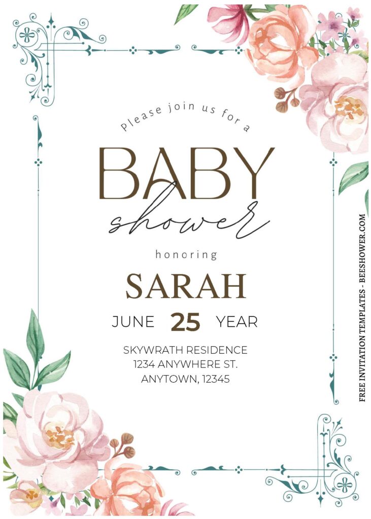 (Free Editable PDF) Vintage Floral Frame Baby Shower Invitation Templates C