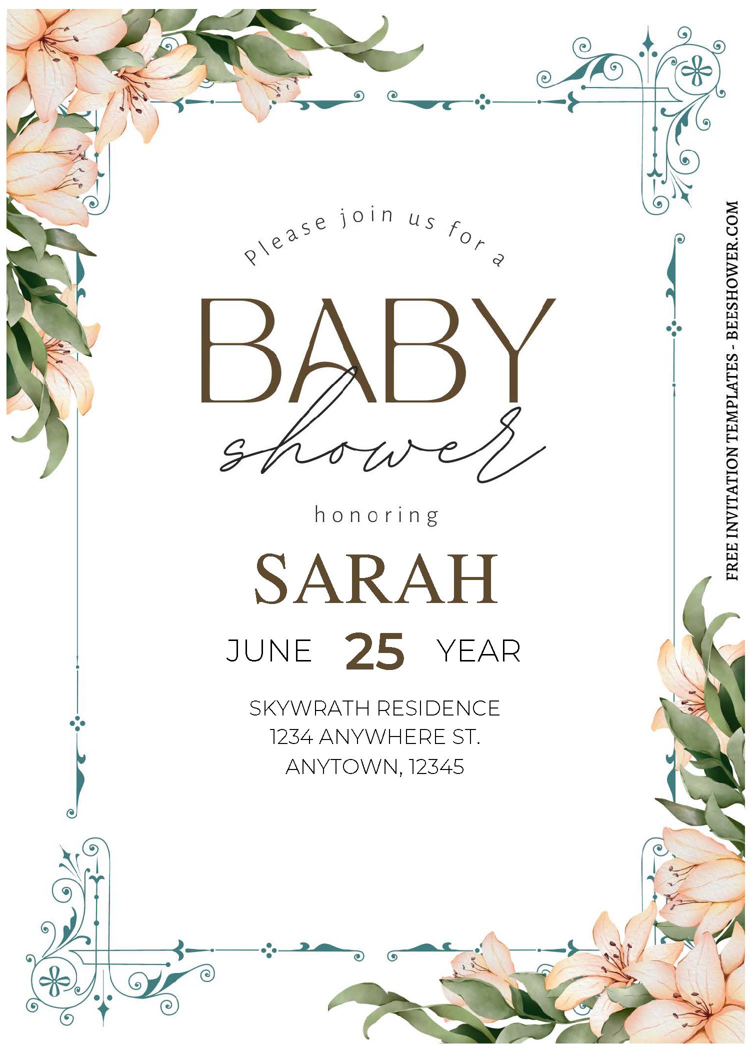 (Free Editable PDF) Vintage Floral Frame Baby Shower Invitation Templates C