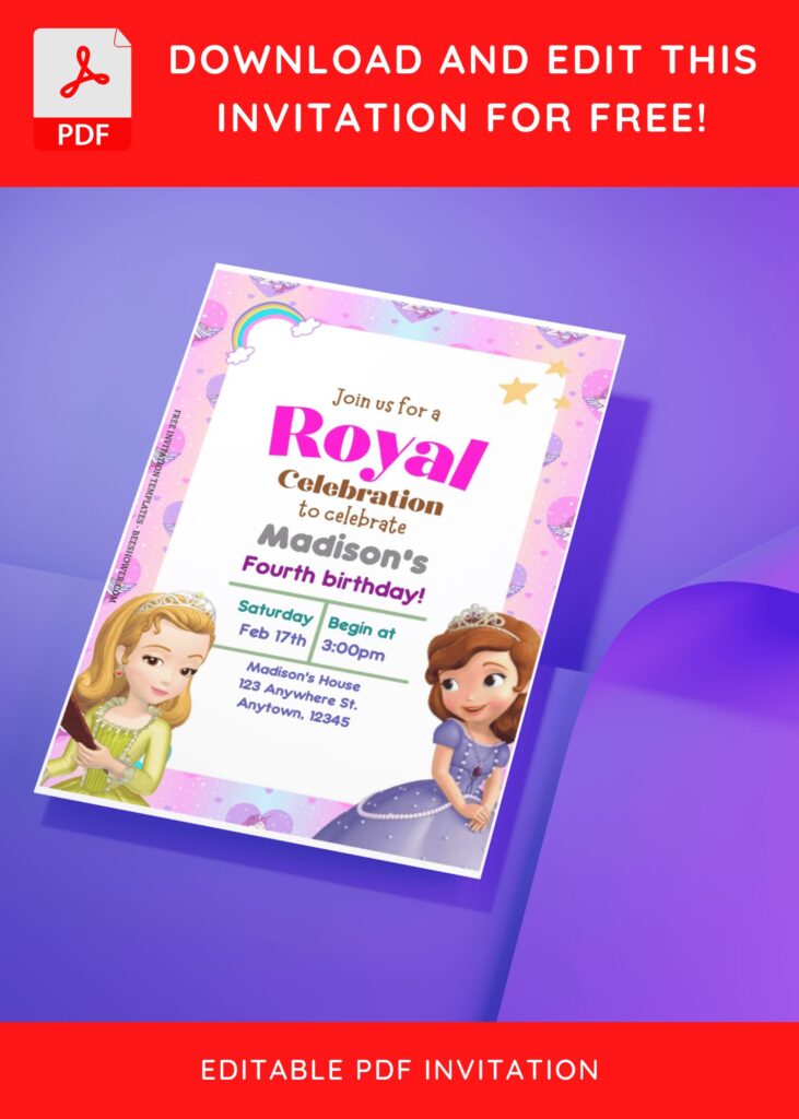 (Free Editable PDF) Royal Princess Sofia The First Baby Shower Invitation Templates II