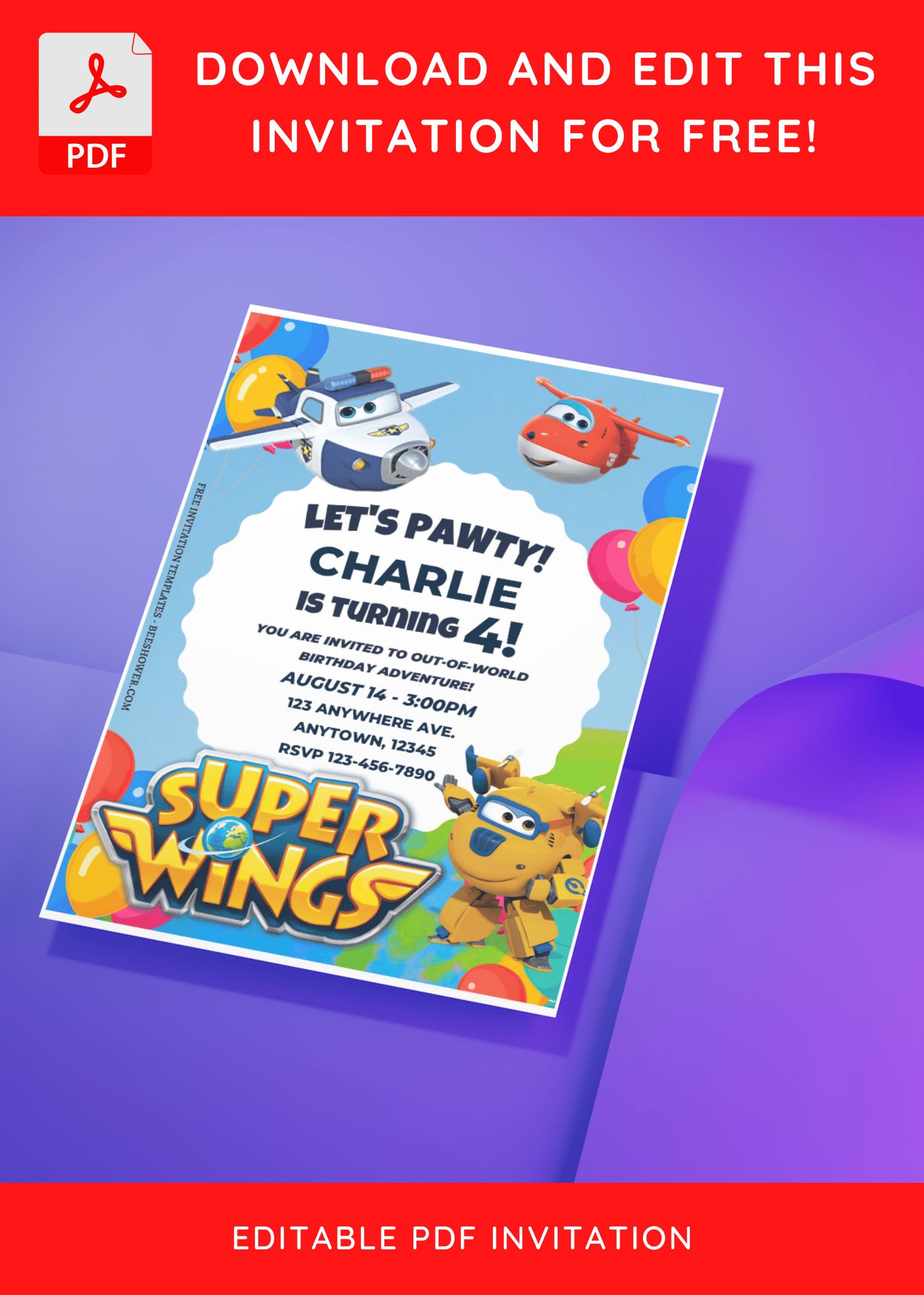 (Free Editable PDF) Charming Super Wings Baby Shower Invitation Templates C