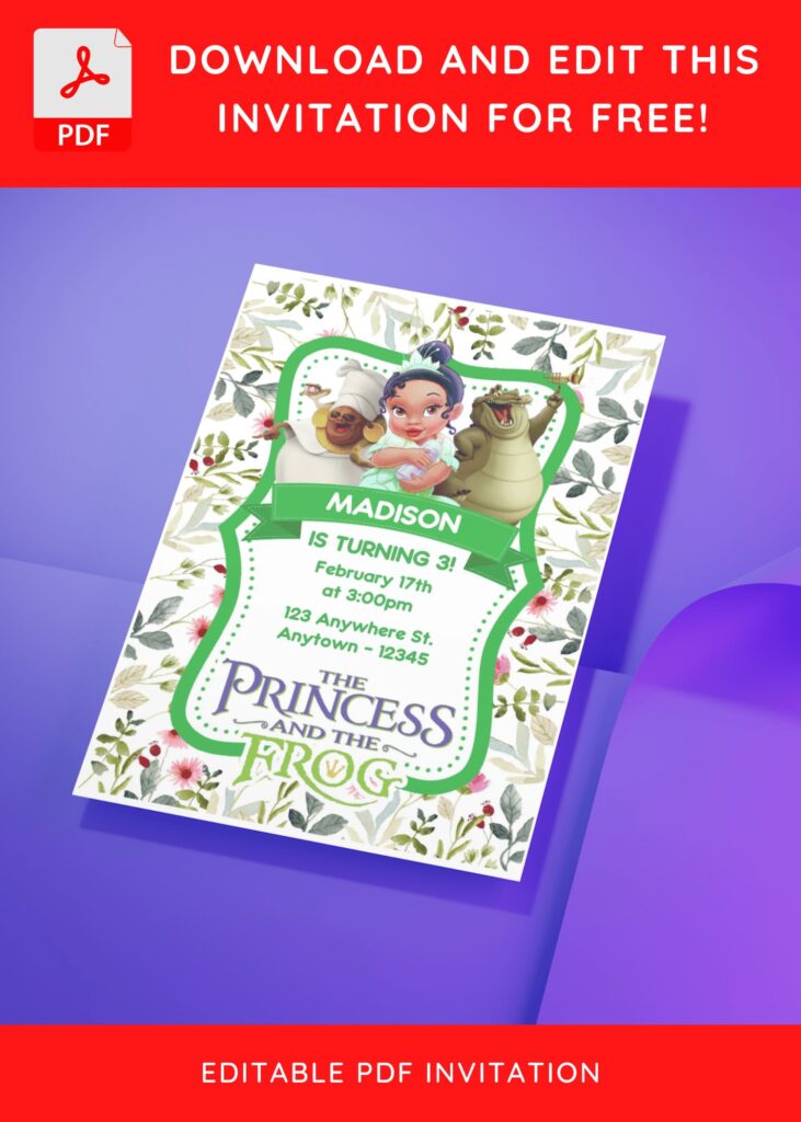 1 56 - Downloadable (Free Editable PDF) Beautiful Floral Princess Tiana And Frog Baby Shower Invitation Templates - Template No. 30