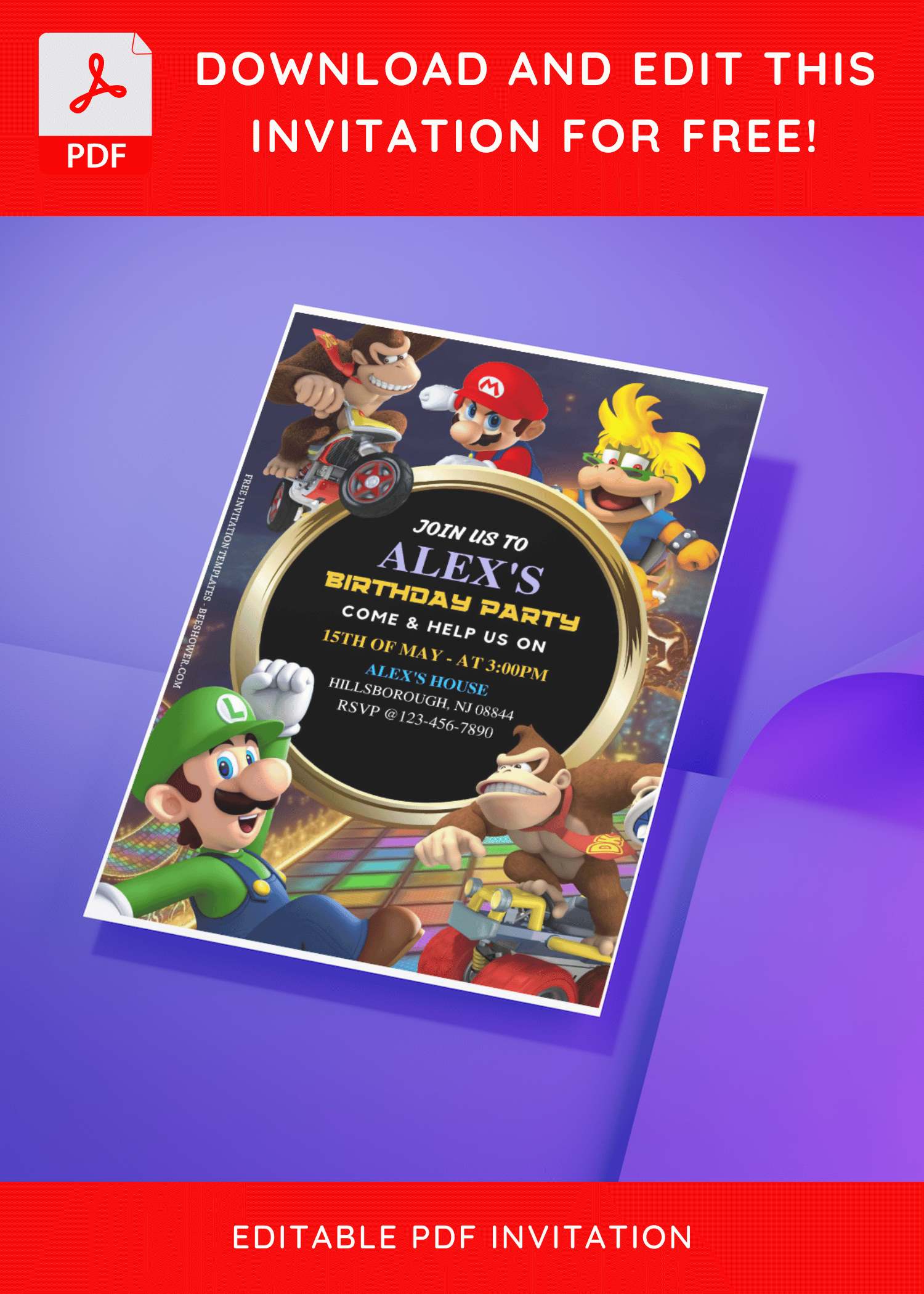 (Free Editable PDF) Epic Super Mario Kart Baby Shower Invitation Templates C